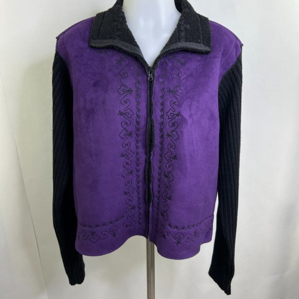 Coldwater Creek Jacket M Purple Faux Suede Embroidered Black Knit Sherpa Look Us